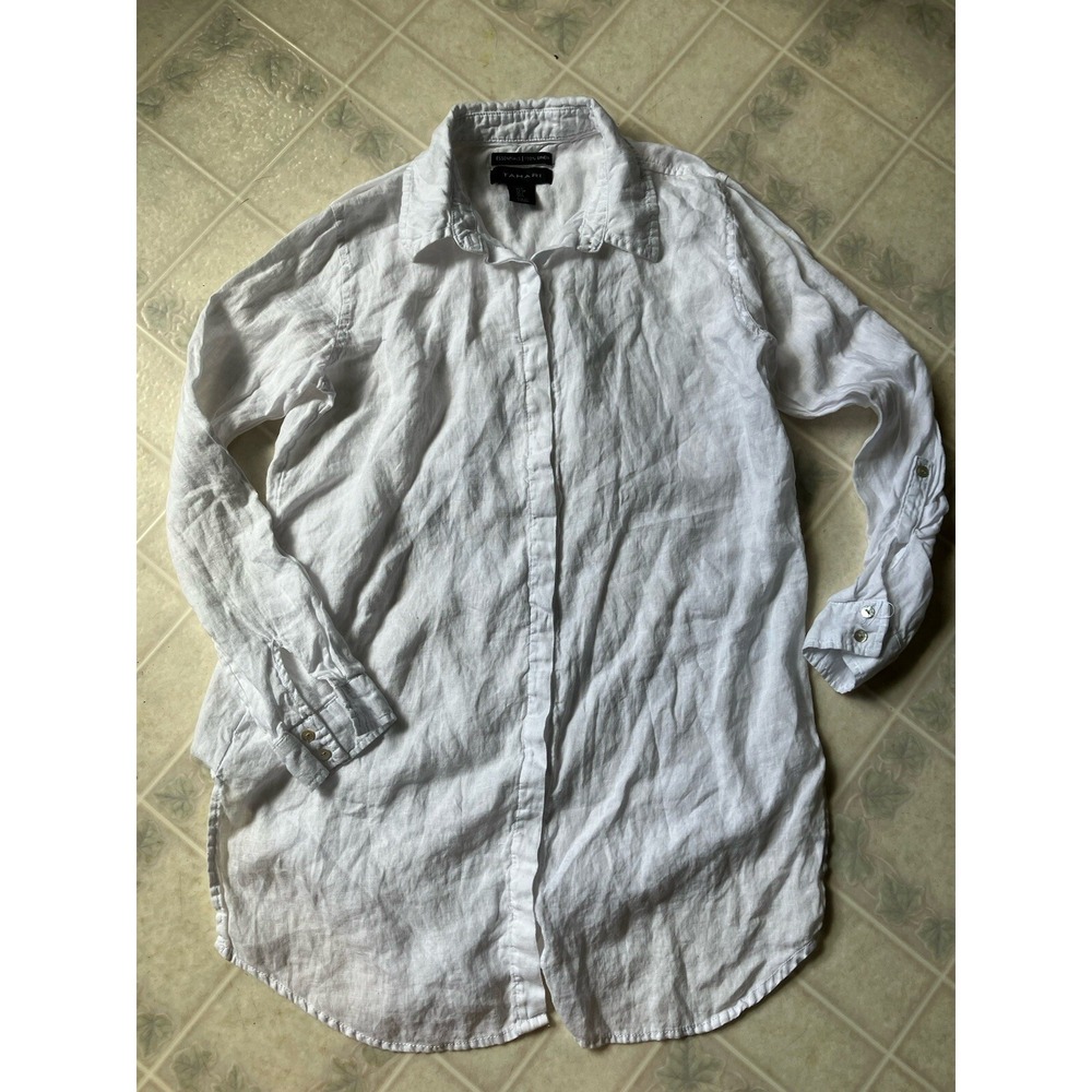 Tahari Linen Button Down Roll Tab Cuff Top Lightweight Small Capsule Minimalist